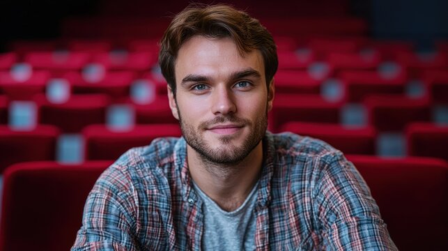 A man sitting in a movie theater with red seats.
