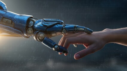 Human and Robot Hand Touching Symbolizing Connection and Collaboration in Advanced Technology