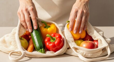 Hands placing fresh vegetables and fruits in eco-friendly bags  