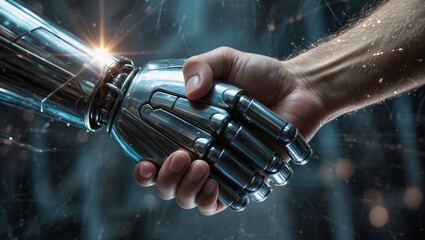 Human and Robot Hands Shaking in a Futuristic Setting Symbolizing Collaboration and Trust