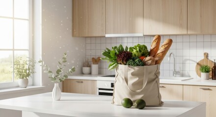 Grocery bag filled with fresh vegetables and bread on kitchen counter  