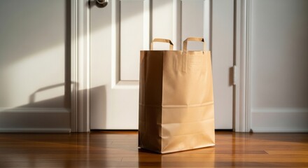 Brown paper bag standing on wooden floor in bright indoor space  