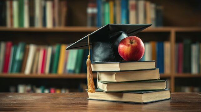 A graduation cap and an apple on a stack of books in a library.