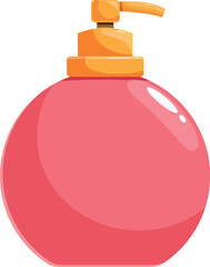 Round pink soap dispenser with orange pump, promoting hygiene and cleanliness