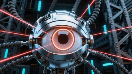 Futuristic Mechanical Eye with Laser Beams in High-Tech Environment