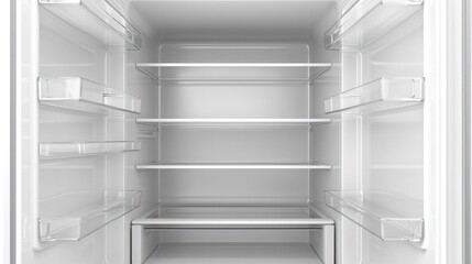 An empty refrigerator with white shelves and a white interior.