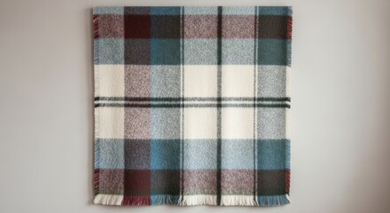 Cozy plaid blanket hanging on wall in modern interior design  