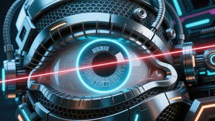 Futuristic robotic eye with glowing elements and laser beams in a high-tech environment
