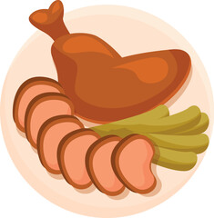 Delicious roasted chicken served with sliced sausage and pickles, creating a savory and satisfying meal