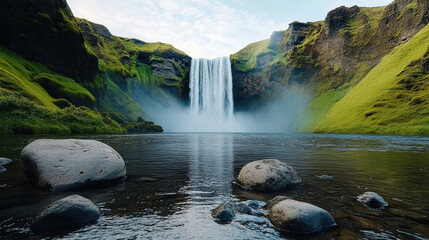 Majestic tall waterfall cascading into serene lake surrounded by lush greenery and rocks