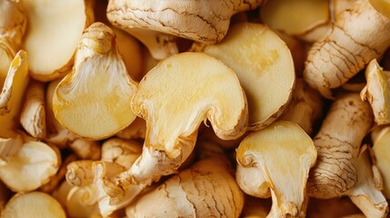 A pile of sliced ginger root with a light brown color and rough texture.