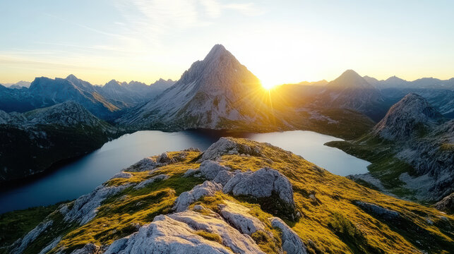 Majestic mountain peak glowing sunrise light, surrounded by serene lakes and rugged terrain - Powered by Adobe