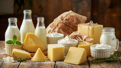 Dairy products with milk, cheese, and cream on a rustic wooden table