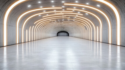 Futuristic tunnel with illuminated curved lights and smooth floor creates modern atmosphere