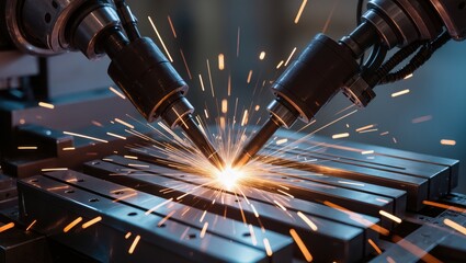 Industrial Laser Cutting Technology Sparks in Precision Manufacturing Process at Factory