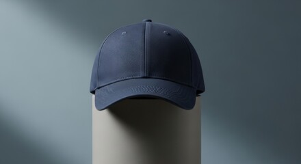 Navy baseball cap on pedestal with soft light background  
