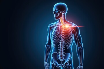 Glowing Human Skeleton Chest Shoulder Pain Anatomy Back Pain Ribcage Illustration 3D Rendering of Body Skeleton System Medical Visualization of Injury