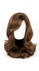 Elegant Brown Wig with Voluminous Curls on White Background.