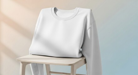 White long-sleeve sweatshirt displayed on a chair with soft lighting  