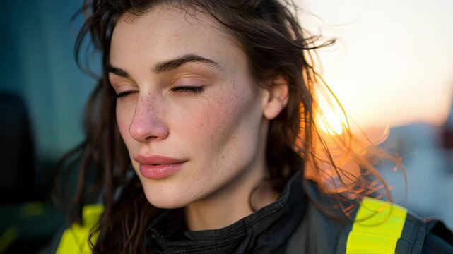 Focused paramedic looks at camera during golden hour.