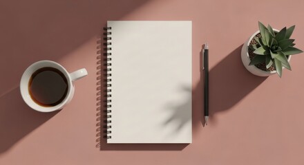 Blank notebook with pen and coffee mug on pink background  