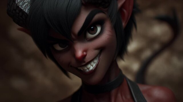 Cartoonish devil girl gives a sinister smile.