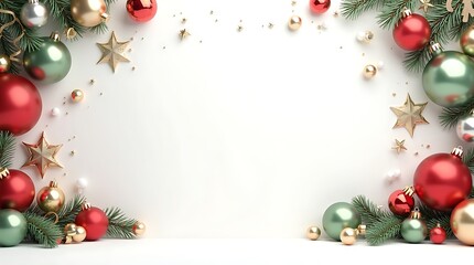 Christmas Border Design with Baubles, Stars, and Pine on White Background