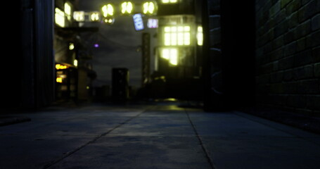Dimly lit alleyway showcases reflections and shadows under vibrant city lights. The atmosphere exudes mystery, inviting exploration in a bustling urban environment.