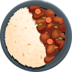 Beef stew with rice served on a gray plate, shot from above, representing a hearty and flavorful meal