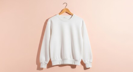 White sweatshirt hanging on wooden hanger against pink background  