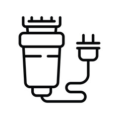 An electric shaver connected to a plug by a cable