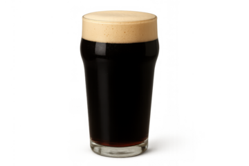 Pint glass of dark stout beer with creamy foam, refreshing alcoholic beverage, transparent background