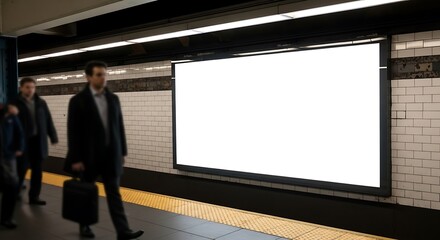Subway Advertisement Space with Commuters Passing By in New York City.