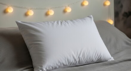 White pillow on a bed with soft gray linens and warm lighting  