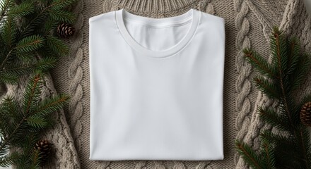White T-shirt folded on knitted blanket with pine branches and cones  