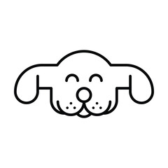 A minimalistic cartoon dog head with rounded features and a simplistic symmetrical design is presented in a black outline