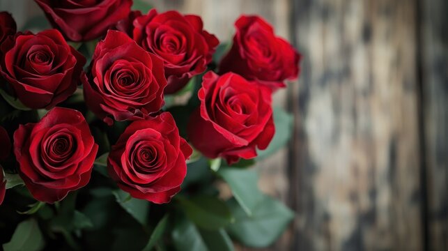 A bouquet of red roses on a rustic wooden background.
