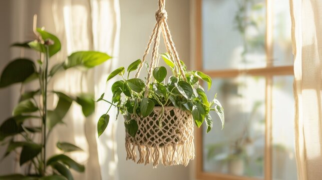 A hanging macrame plant hanger with a green plant inside, hanging from a window with a blurred background.