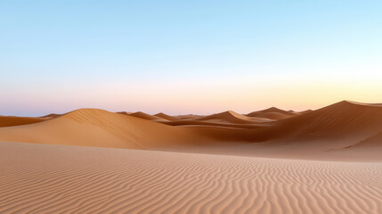 Serene desert landscape with gentle sand dunes under soft pastel dawn light, evoking tranquility