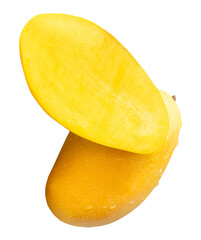 Single ripe yellow mango fruit and a half with water droplets in stack isolated with clipping path...