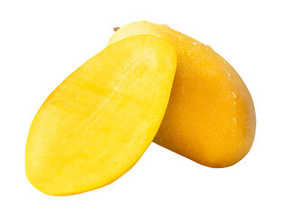 Single ripe yellow mango fruit and a half with water droplets in stack isolated on white background with clipping path