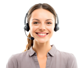 Smiling female customer service representative with headset providing assistance for online customer support showing a friendly and helpful demeanor for telemarketing and call