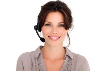 Attractive brunette customer service agent with headset offering friendly support against a transparent backdrop professional help desk service from a beautiful smiling woman who