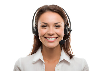 Friendly customer service representative with headset assisting clients online and ready to provide support to international clients, smiling female consultant offering
