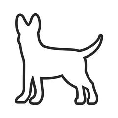 A stark white silhouette of a dog outlined with a bold black stroke stands against a plain white backdrop