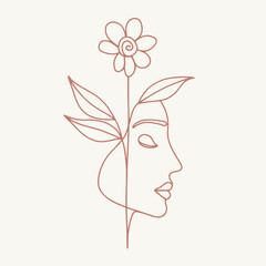 Woman face with flower in her hair line art
