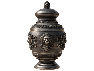 Ornate Dark Metallic Urn with Lion Head Embellishments and Lid