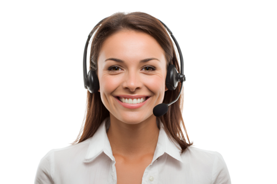 Friendly customer service representative with headset assisting clients online and ready to provide support to international clients, smiling female consultant offering
