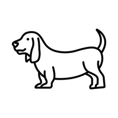 A stylized black outline of a basset hound with droopy ears and short legs standing