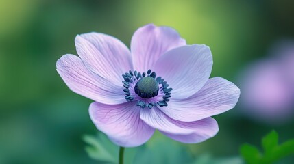 Fototapeta premium A delicate pink anemone flower with a dark green center, set against a blurred green background.